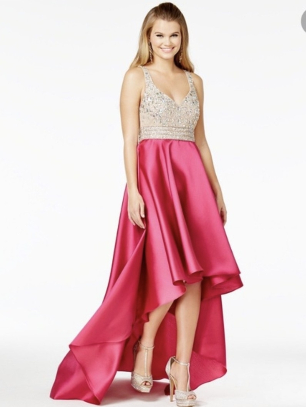 Embellished Bodice Hot Pink High-Low Satin Dress